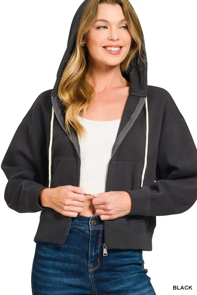 Zenana Fleece Cropped Zip-up Hoodie with Pockets