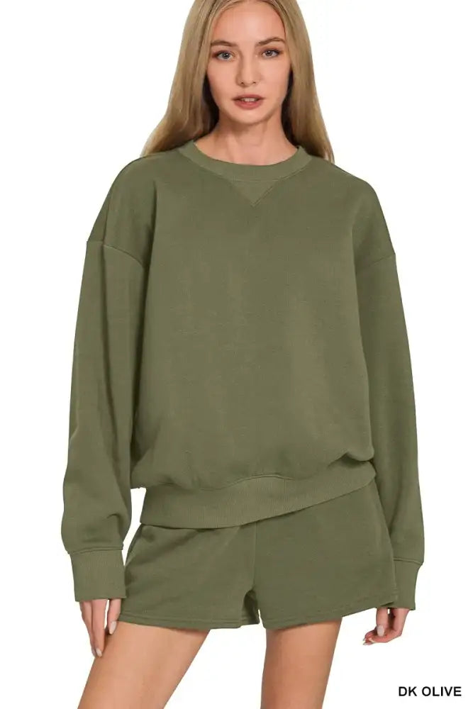 Zenana Fleece Long Sleeve Sweatshirts & Shorts Set
