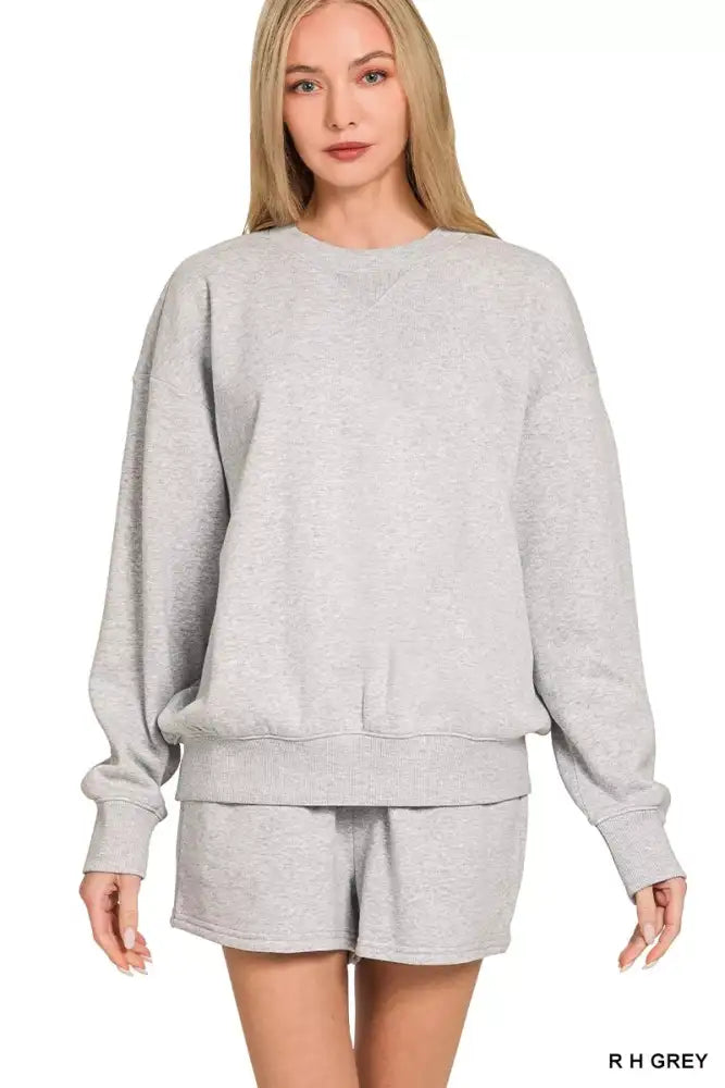 Zenana Fleece Long Sleeve Sweatshirts & Shorts Set