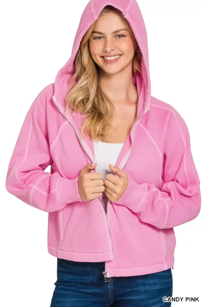 Zenana Fleece Pigment Dye Zip Up Hoodie with Pockets