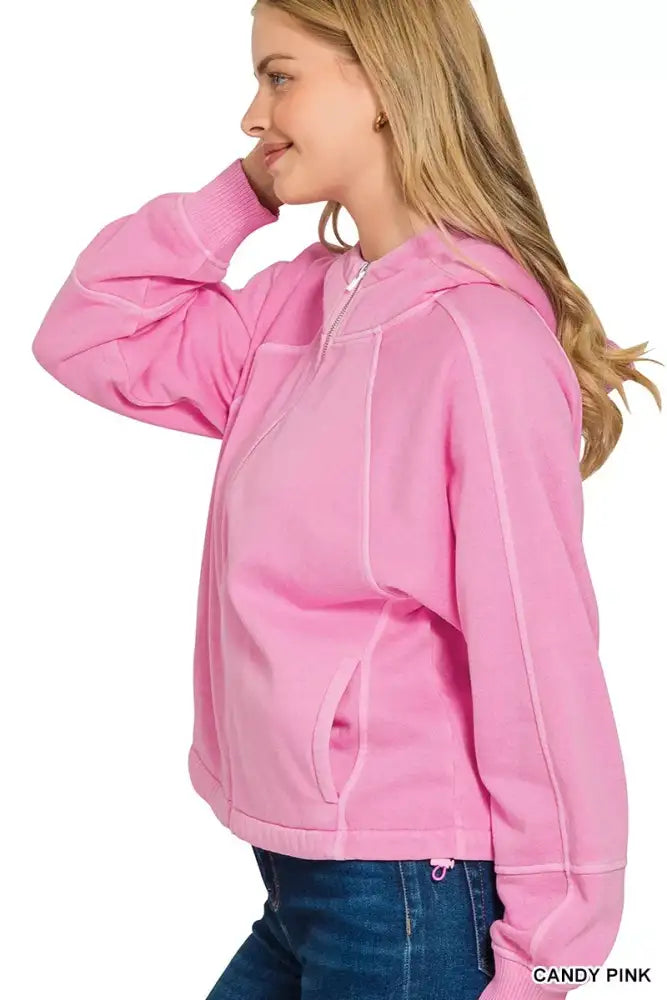Zenana Fleece Pigment Dye Zip Up Hoodie with Pockets