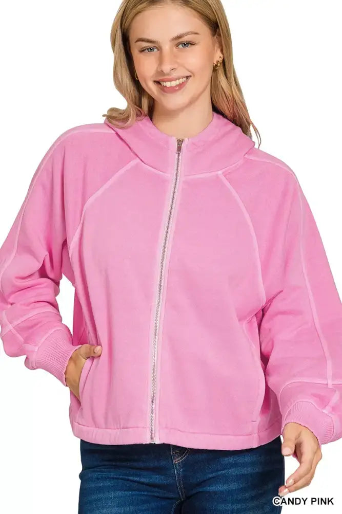 Zenana Fleece Pigment Dye Zip Up Hoodie with Pockets