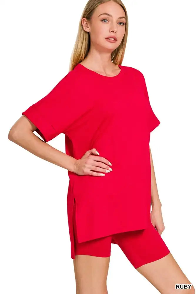 Zenana Full Size Brushed Dty Microfiber Round Neck Top and Biker Shorts Set Plus