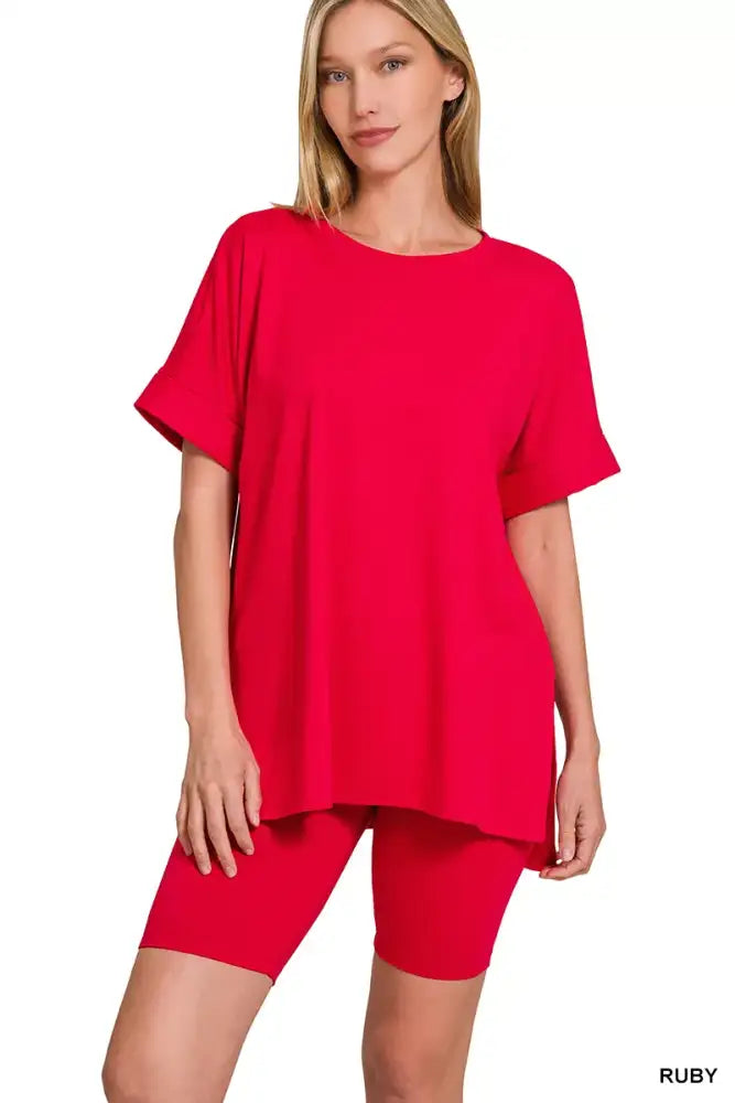 Zenana Full Size Brushed Dty Microfiber Round Neck Top and Biker Shorts Set Plus