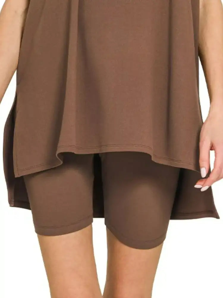 Zenana Full Size Brushed Dty Microfiber Round Neck Top and Biker Shorts Set Plus