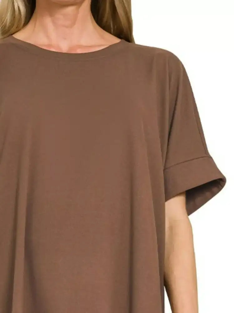 Zenana Full Size Brushed Dty Microfiber Round Neck Top and Biker Shorts Set Plus