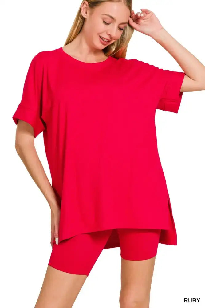 Zenana Full Size Brushed Dty Microfiber Round Neck Top and Biker Shorts Set Plus