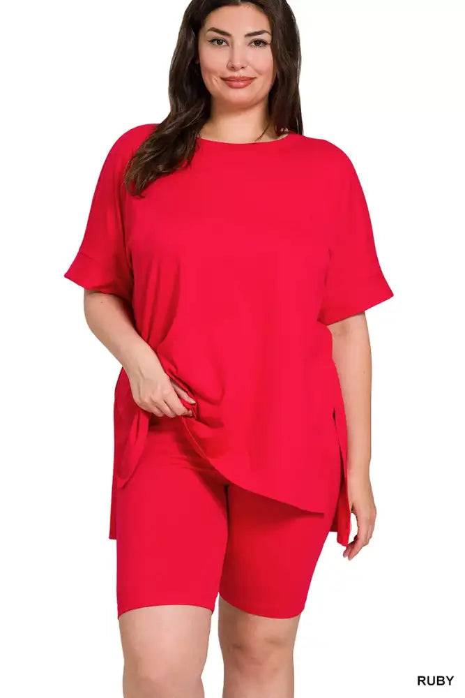 Zenana Full Size Brushed Dty Microfiber Round Neck Top and Biker Shorts Set Plus