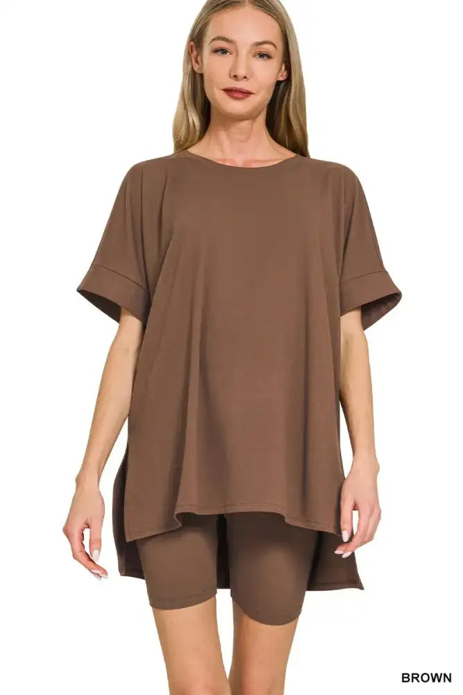 Zenana Full Size Brushed Dty Microfiber Round Neck Top and Biker Shorts Set Plus