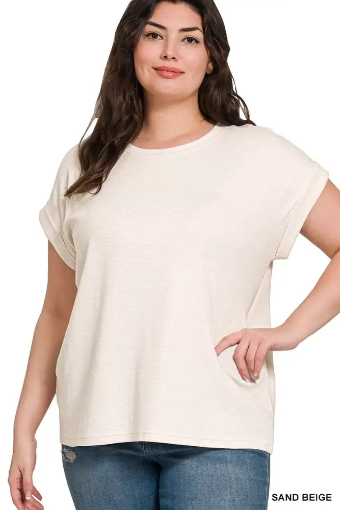 Zenana Full Size Cotton Modal Slub Rolled Sleeve T-Shirt Plus