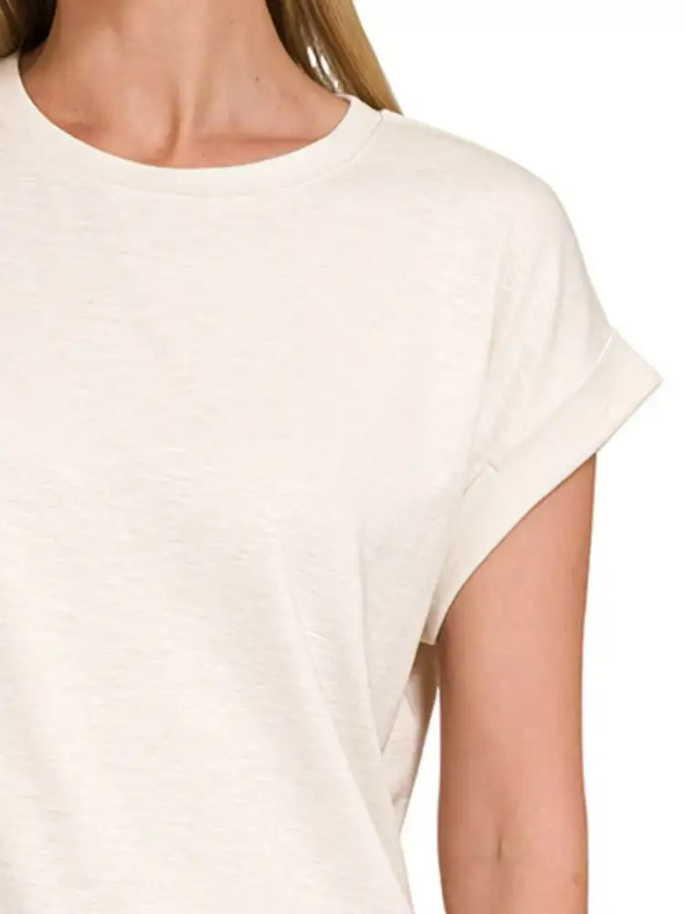 Zenana Full Size Cotton Modal Slub Rolled Sleeve T-Shirt Plus