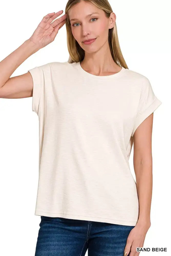Zenana Full Size Cotton Modal Slub Rolled Sleeve T-Shirt Plus