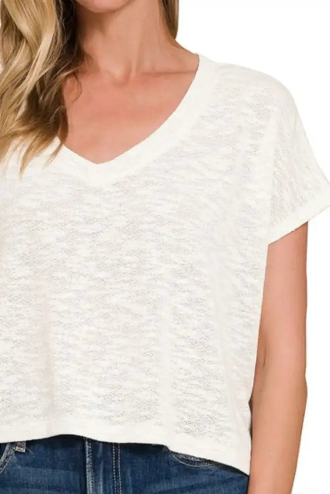 Zenana Hacci Slub V-neck Drop Shoulder Crop Top