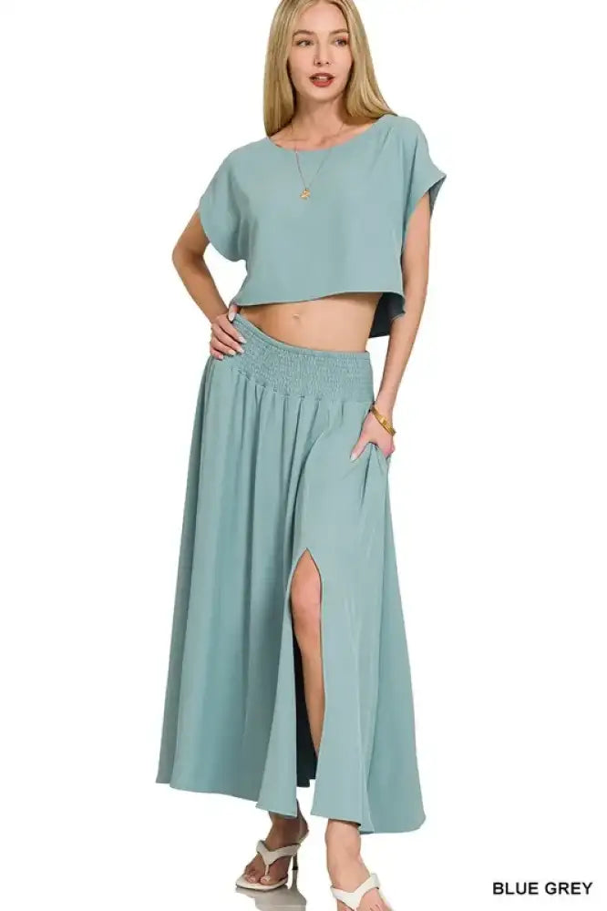 Zenana Heavy Woven Span Crop Tee & Skirt Set
