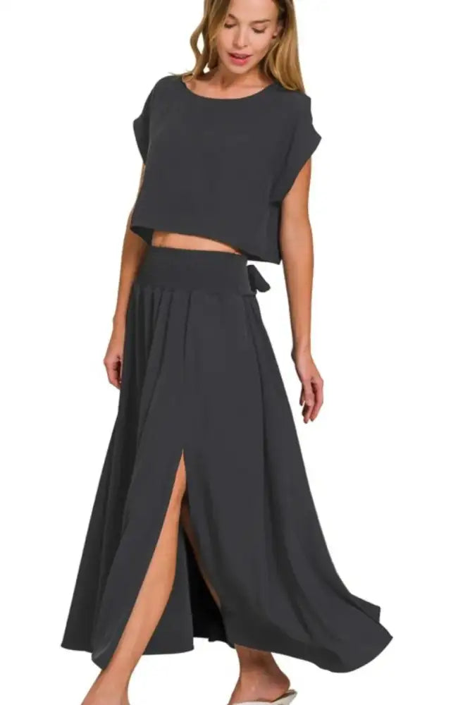 Zenana Heavy Woven Span Crop Tee & Skirt Set