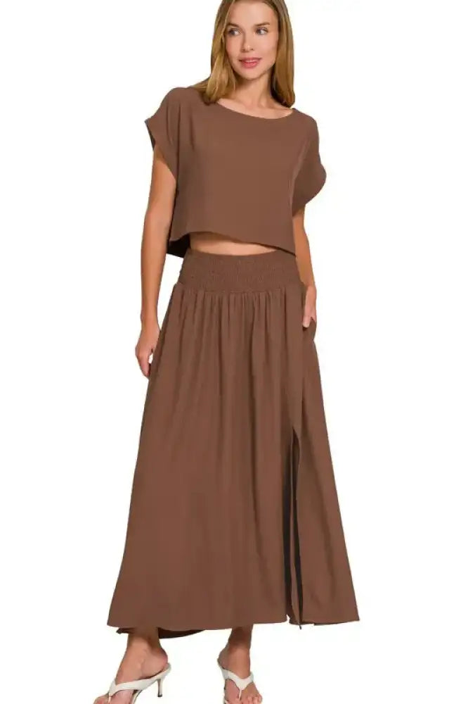 Zenana Heavy Woven Span Crop Tee & Skirt Set
