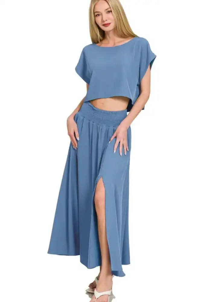 Zenana Heavy Woven Span Crop Tee & Skirt Set