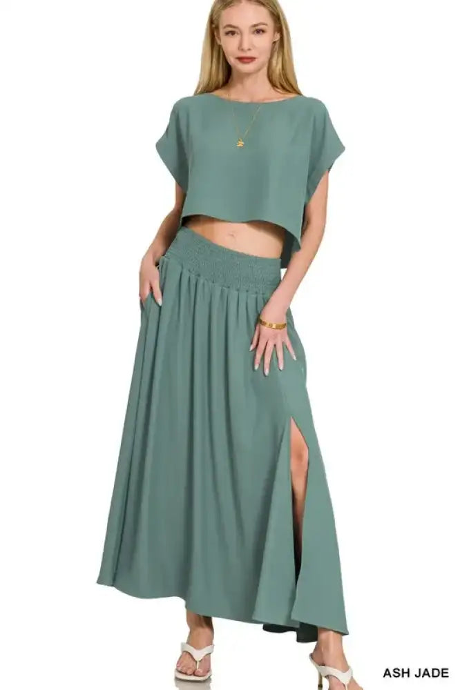 Zenana Heavy Woven Span Crop Tee & Skirt Set