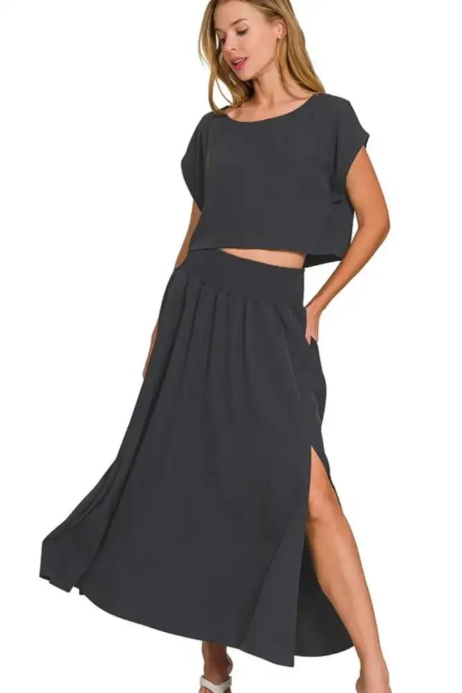 Zenana Heavy Woven Span Crop Tee & Skirt Set