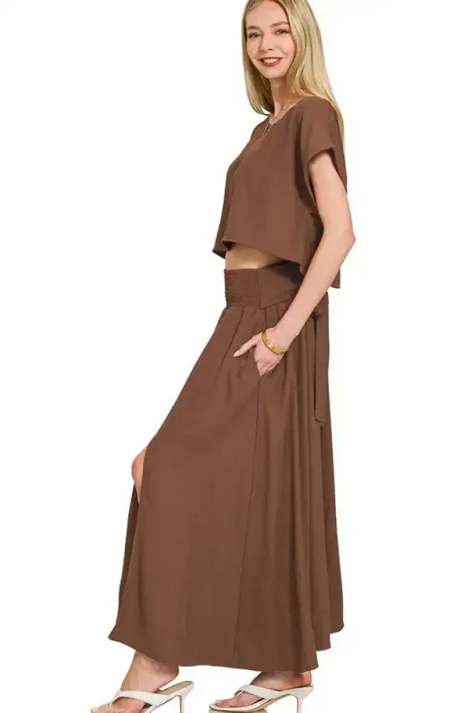 Zenana Heavy Woven Span Crop Tee & Skirt Set