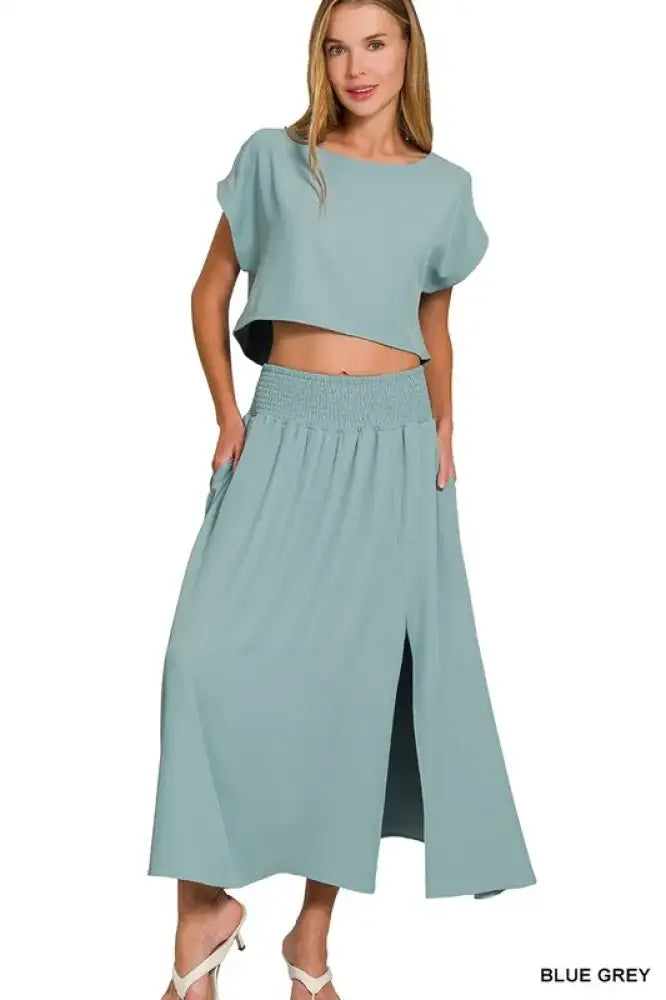 Zenana Heavy Woven Span Crop Tee & Skirt Set