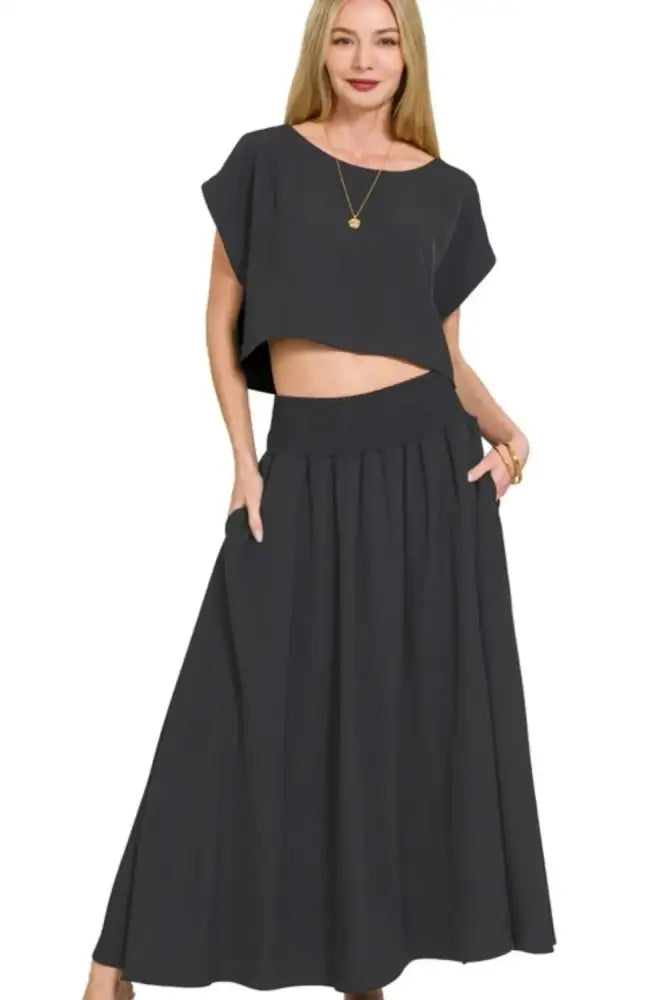Zenana Heavy Woven Span Crop Tee & Skirt Set