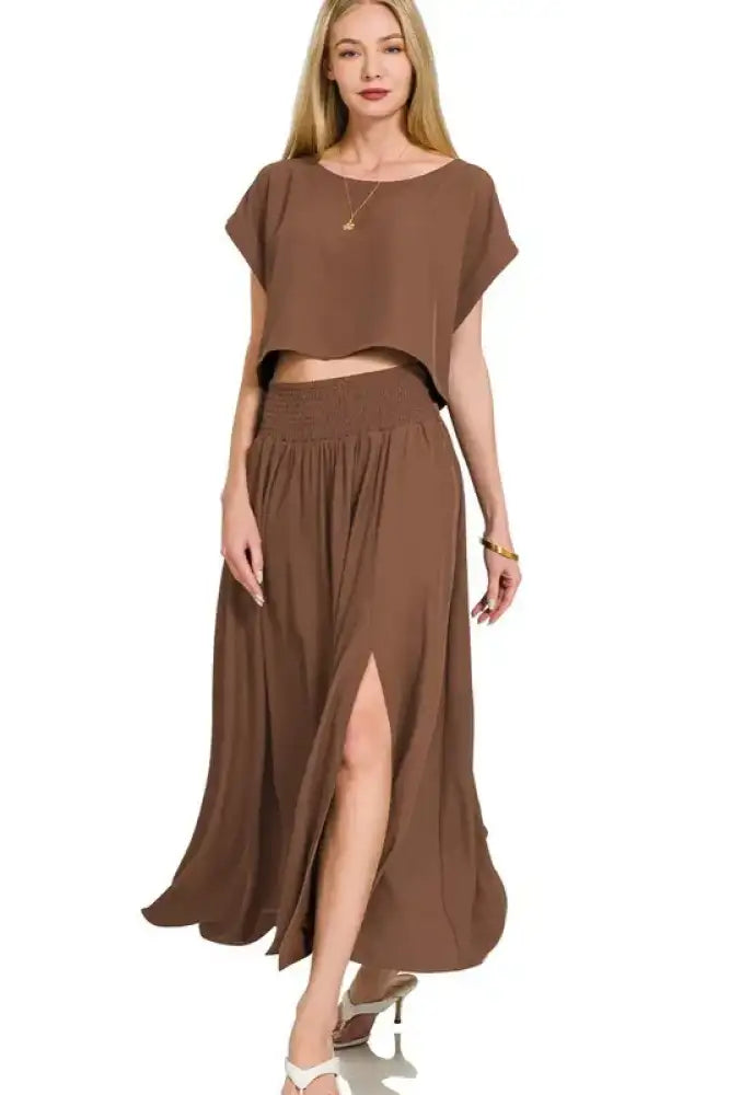 Zenana Heavy Woven Span Crop Tee & Skirt Set