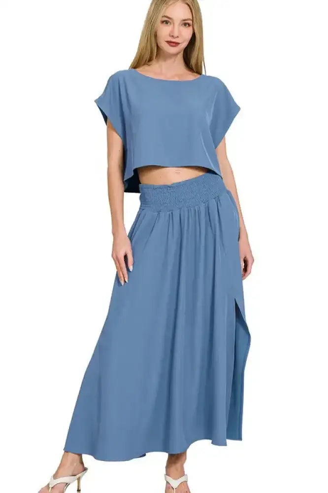 Zenana Heavy Woven Span Crop Tee & Skirt Set