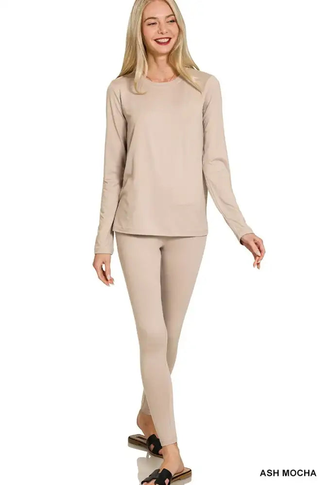 Zenana Microfiber Round Neck Top and Leggings Set