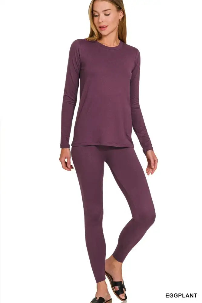 Zenana Microfiber Round Neck Top and Leggings Set