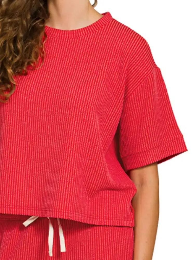 Zenana Raised Rib Short Sleeve Tee & Pants Set