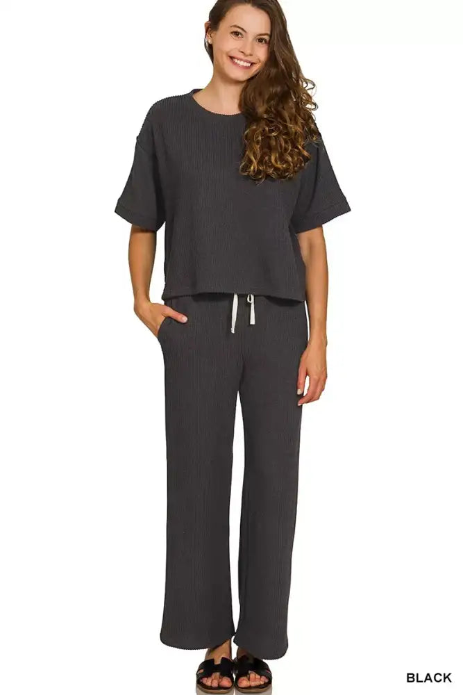 Zenana Raised Rib Short Sleeve Tee & Pants Set
