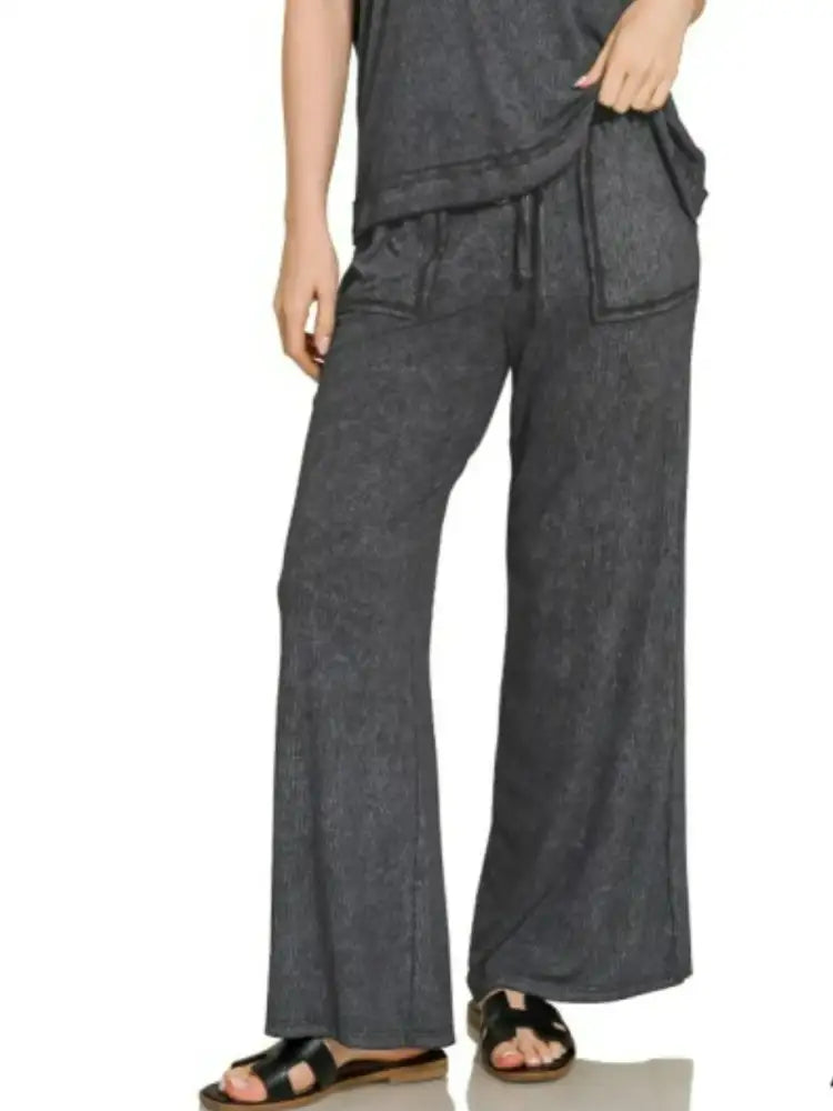 Zenana Ribbed Acid Wash Rayon Top & Pants Set