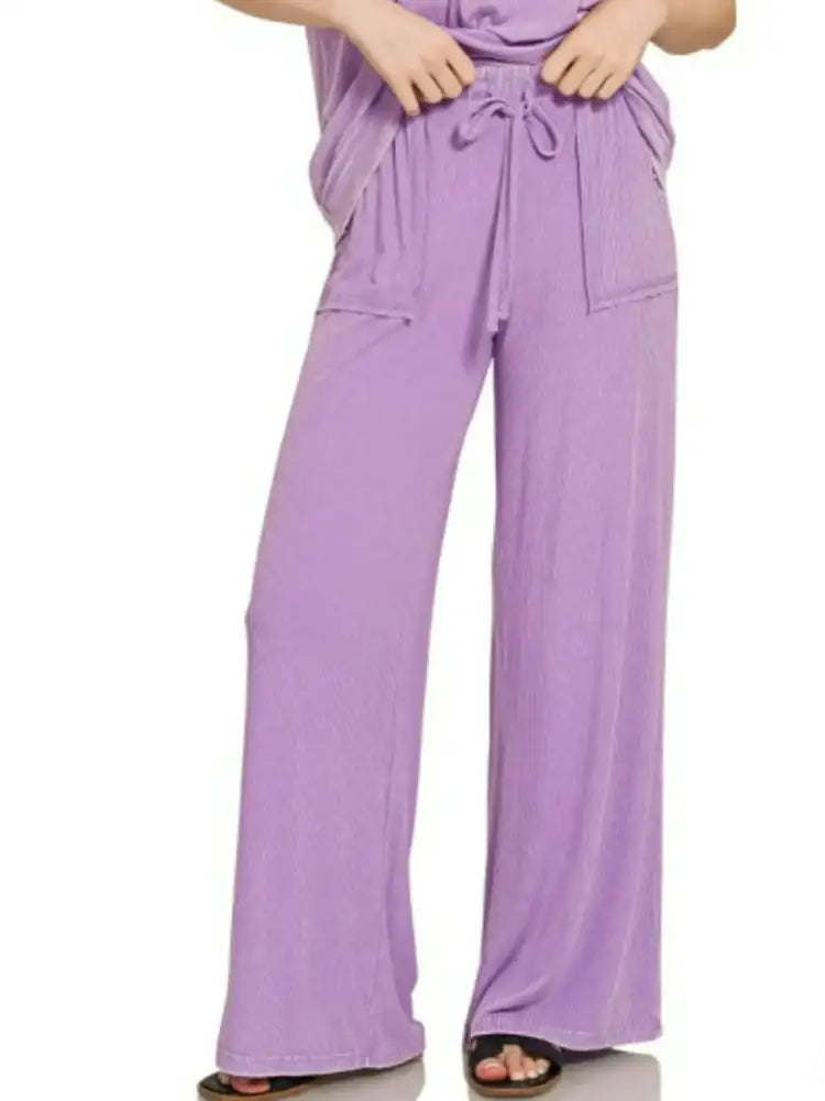 Zenana Ribbed Acid Wash Rayon Top & Pants Set