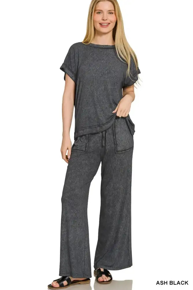 Zenana Ribbed Acid Wash Rayon Top & Pants Set