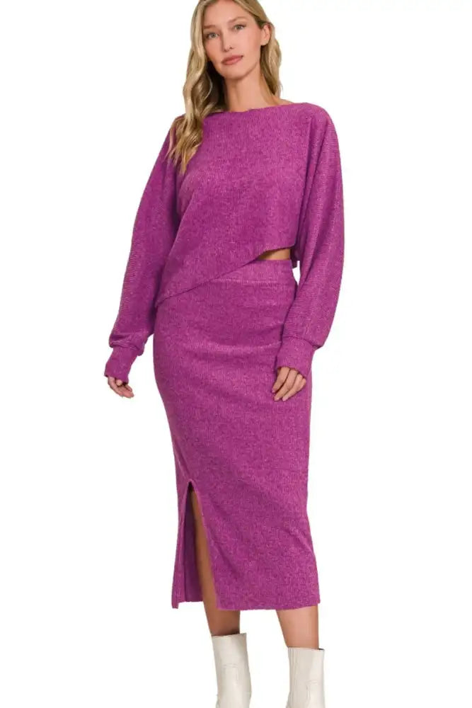 Zenana Ribbed Asymmetric Hem and Sleeve Top & Skirt Set