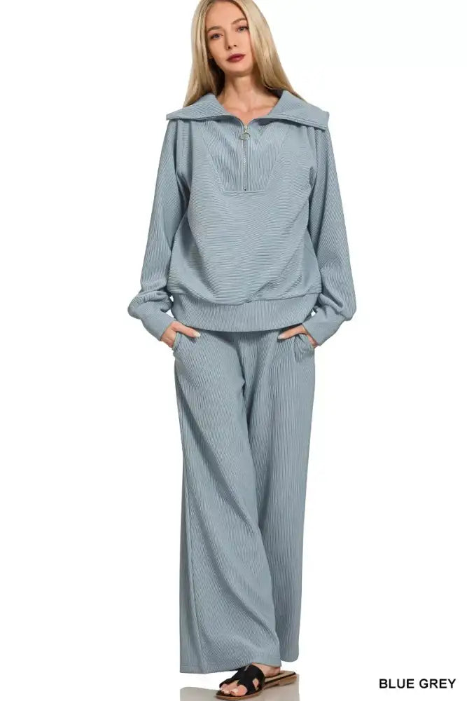 Zenana Ribbed High Neck Half Zip Pullover & Pants Set