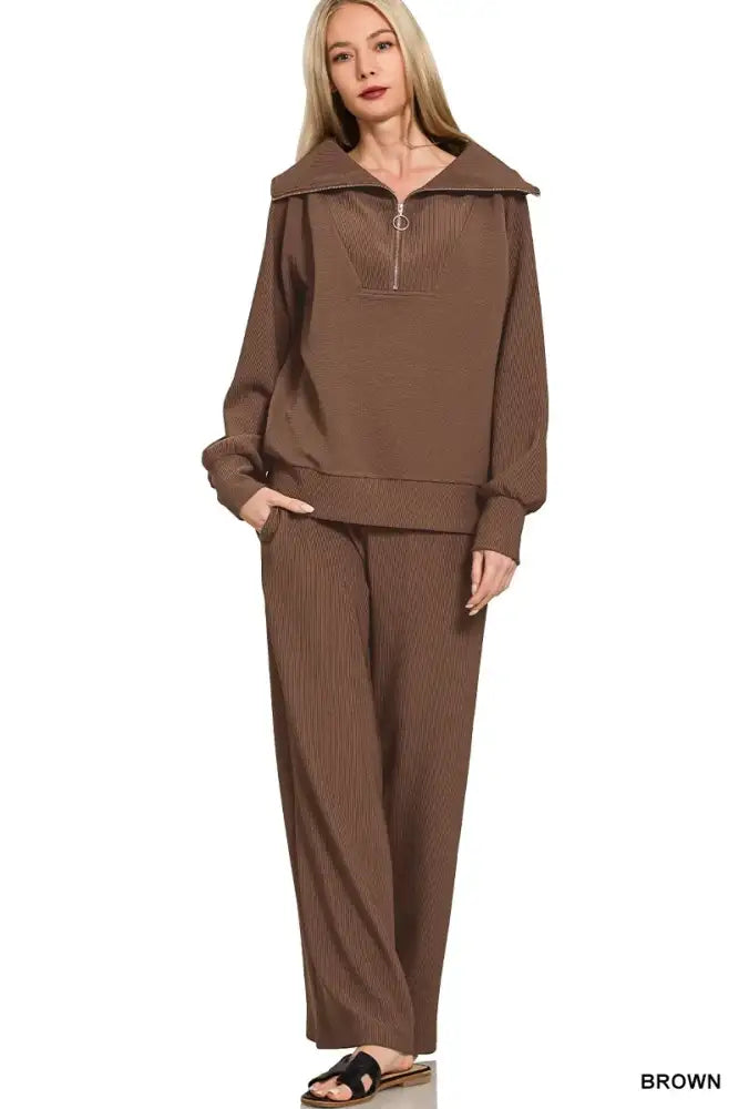Ribbed High Neck Half Zip Pullover and Pants Set for Women