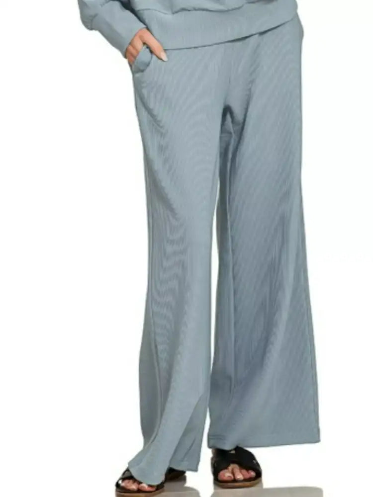 Zenana Ribbed High Neck Half Zip Pullover & Pants Set