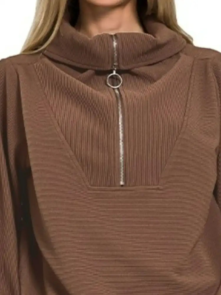 Ribbed High Neck Half Zip Pullover and Pants Set for Women