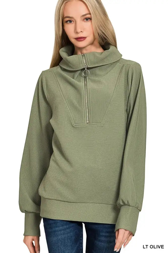 Zenana Ribbed High Neck Half Zip Pullover & Pants Set