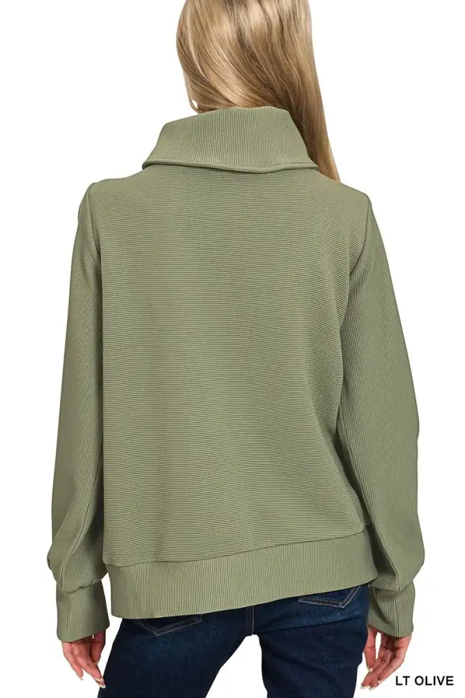 Zenana Ribbed High Neck Half Zip Pullover & Pants Set