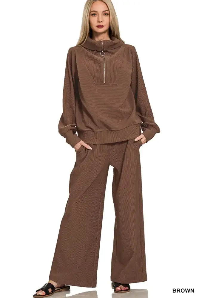 Ribbed High Neck Half Zip Pullover and Pants Set for Women