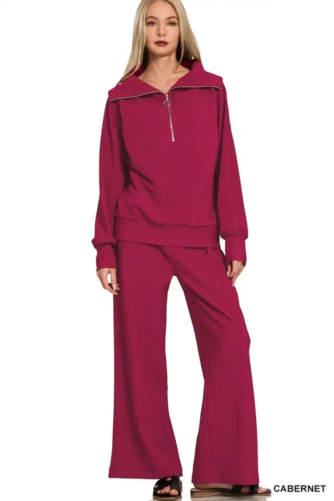 Zenana Ribbed High Neck Half Zip Pullover & Pants Set