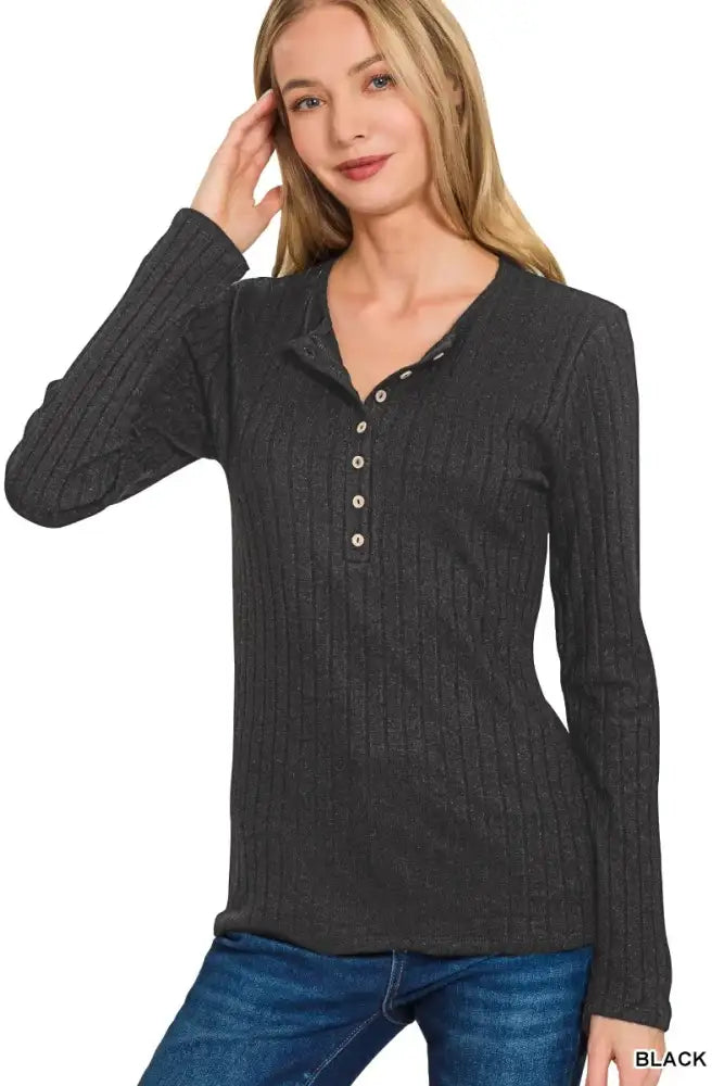 Zenana Ribbed Long Sleeve Half Button Top