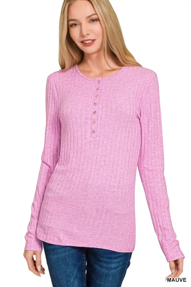 Zenana Ribbed Long Sleeve Half Button Top