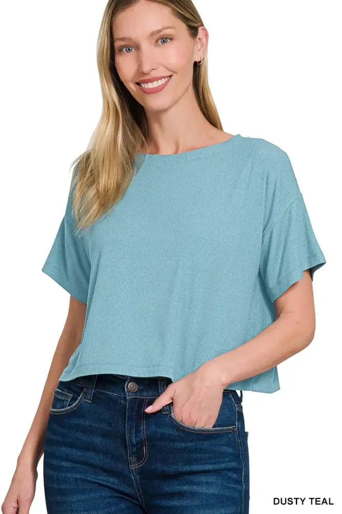 Zenana Ribbed Round-Neck Crop T-Shirt