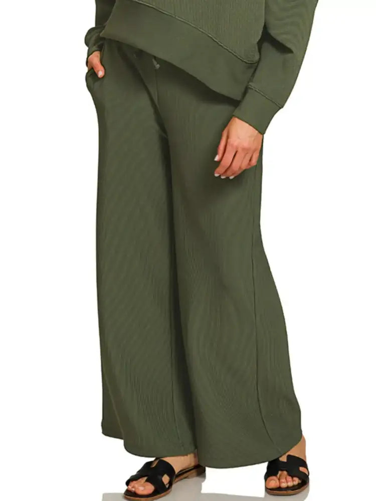 Zenana Ribbed Round Neck Pullover and Drawstring Pants Set