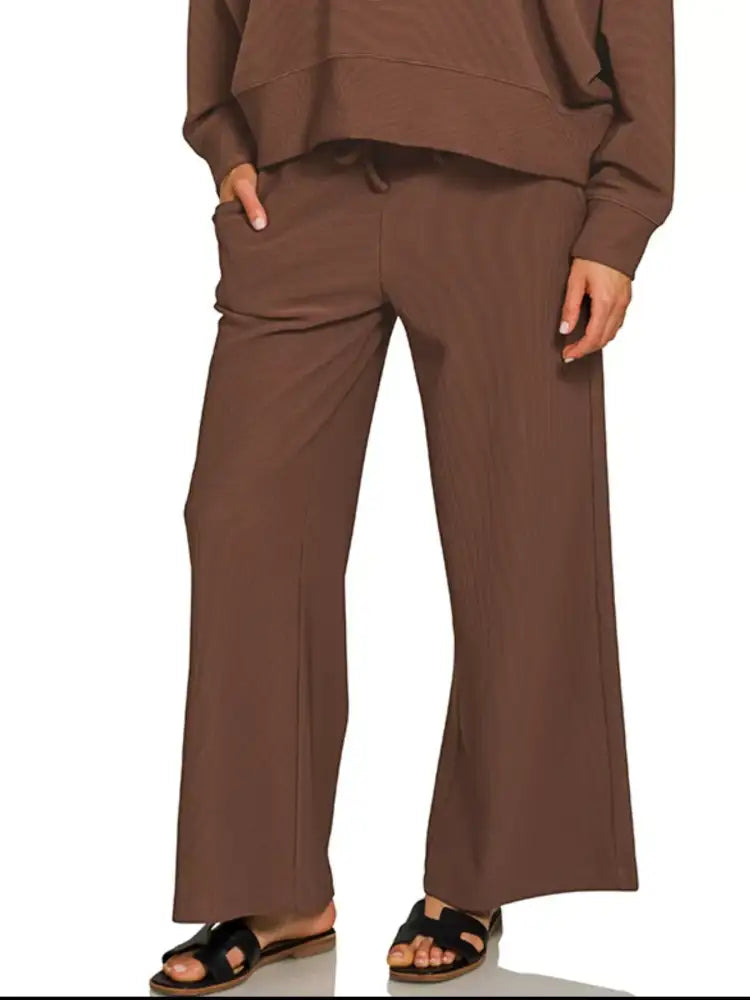 Zenana Ribbed Round Neck Pullover and Drawstring Pants Set