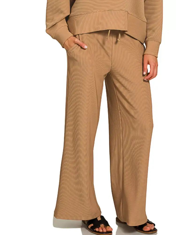 Zenana Ribbed Round Neck Pullover and Drawstring Pants Set